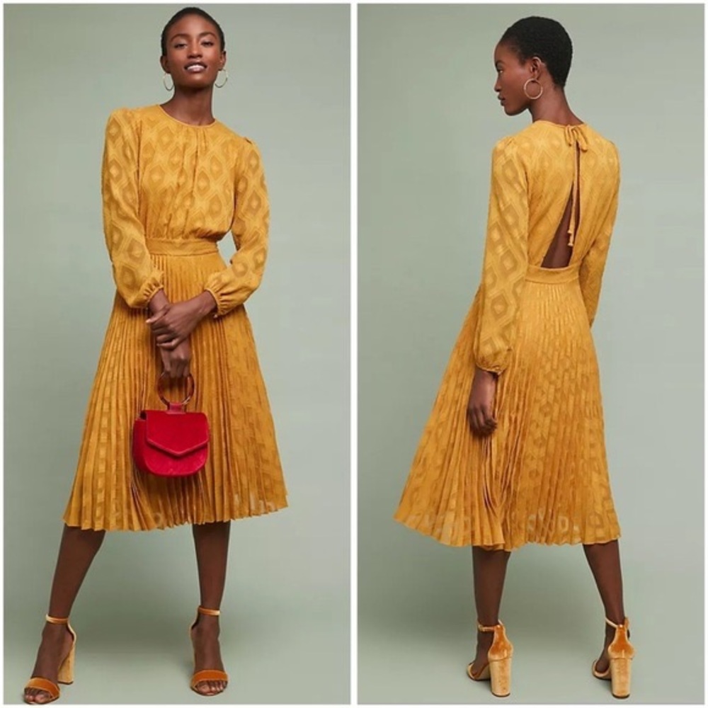 Anthropologie Ottod’Ame Sunglow Long Sleeve Midi Dress Mustard Yellow Size 6